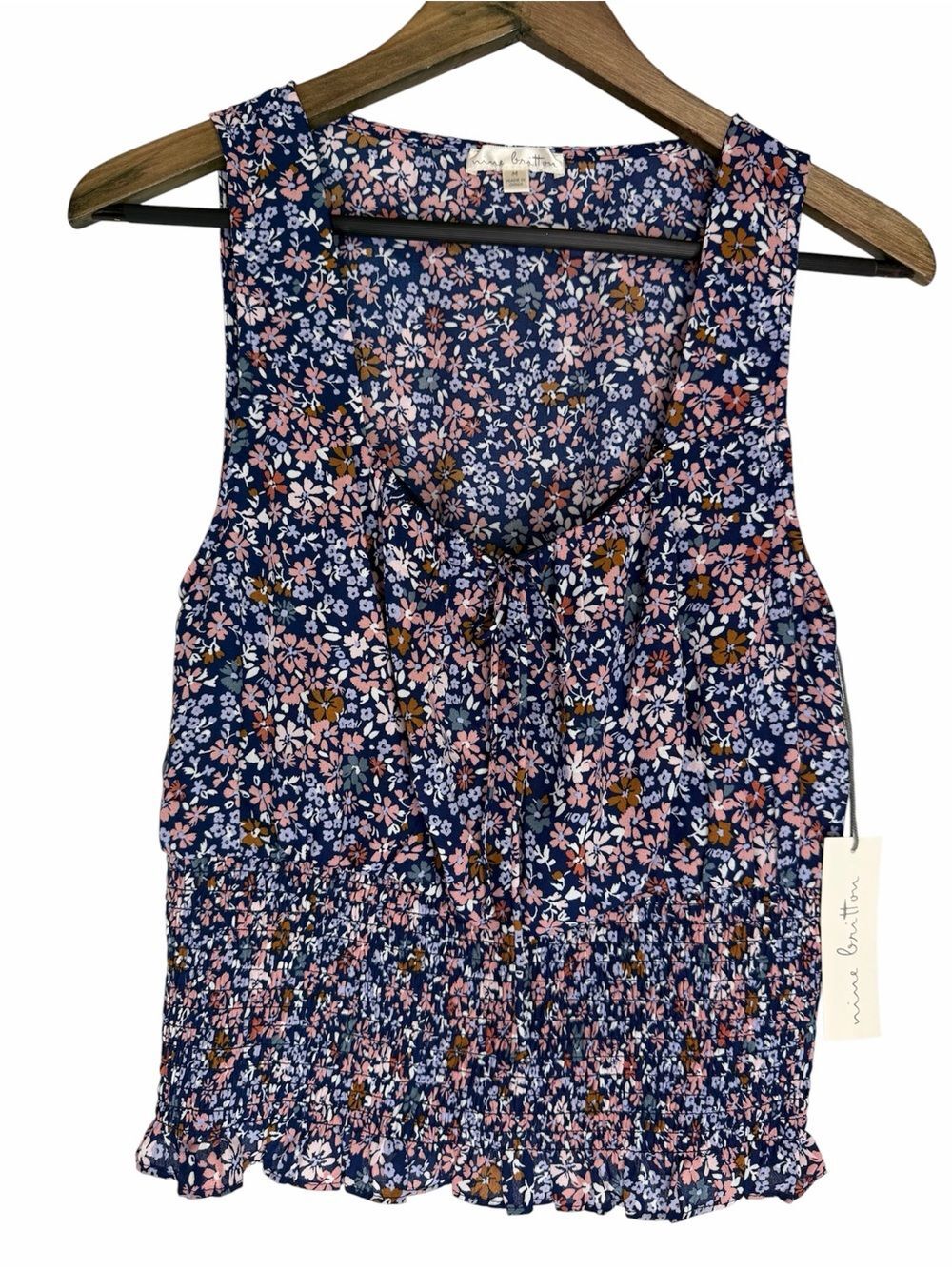 NWT Stitch Fix Nine Britton Floral Tank size Medium Navy Tie-Front Smocked Waist
